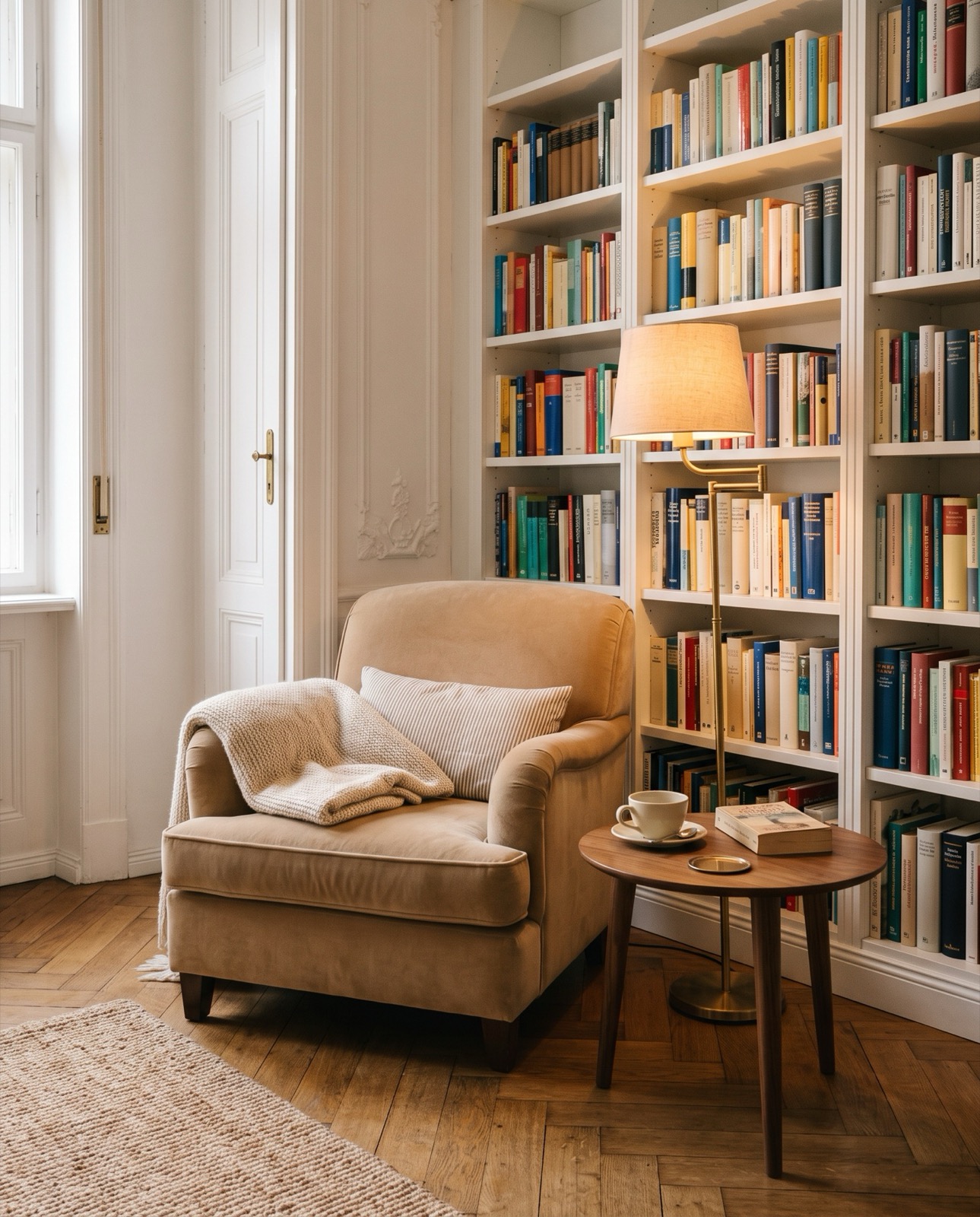 Lese-Ecke der Praxis — Sessel am Bücherregal im warmen Licht