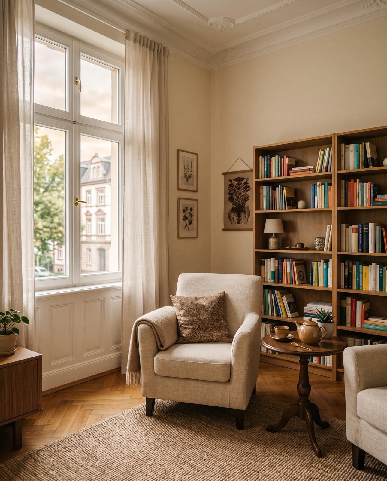 Sitzecke der Praxis mit Sessel, Bücherregal und Blick auf eine Altbau-Fassade