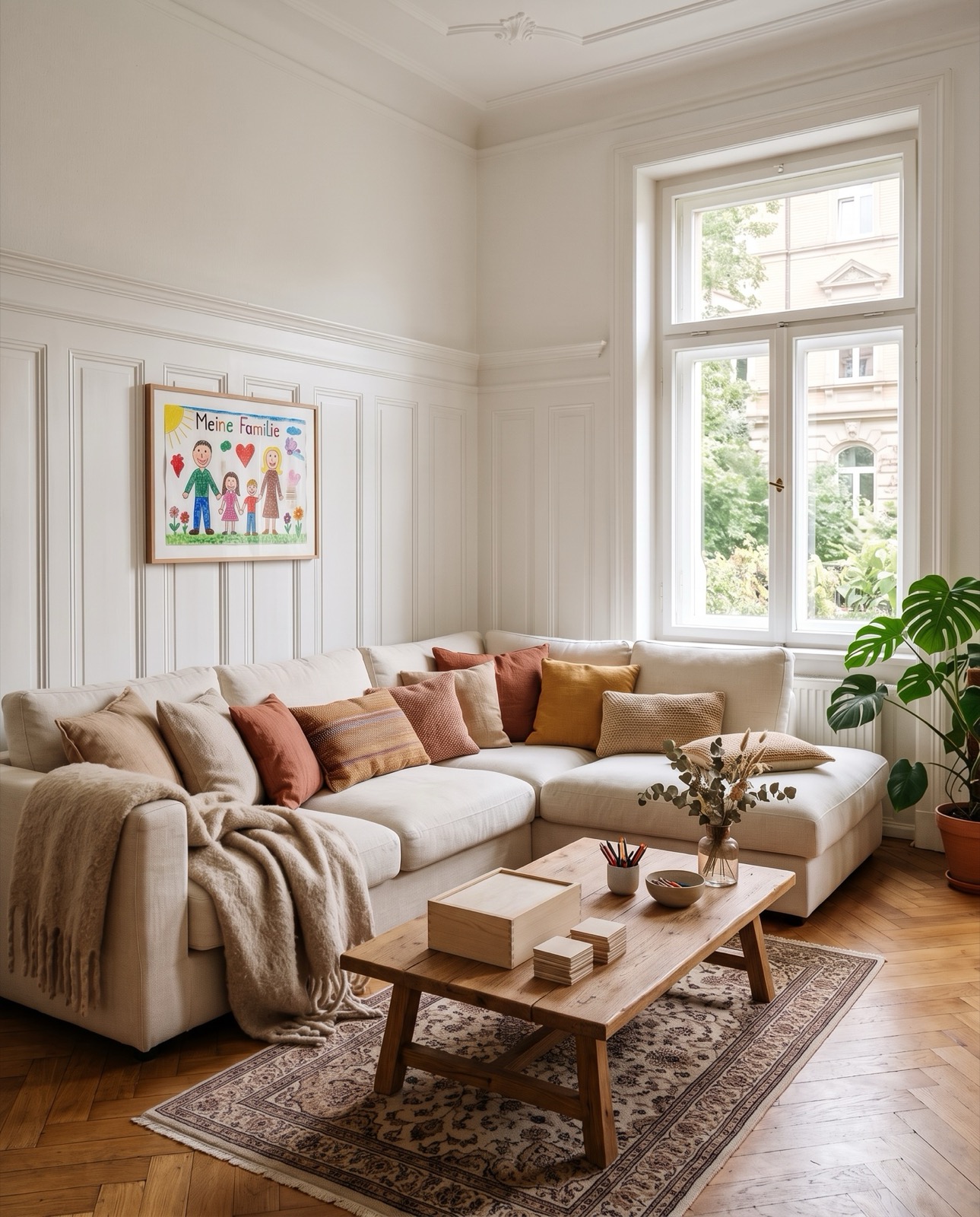 Großes helles Sofa mit Kissen, Spielen und Kinderzeichnung — Raum für die Familie